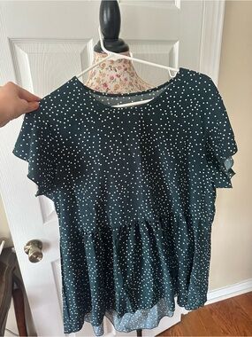 Dark Green Polka Dot Ruffle Sleeve Blouse